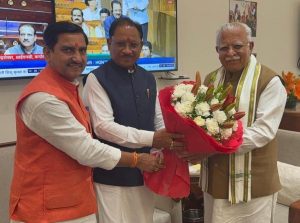 CM Sai with Manohar Lal Khattar and Tokhan Sahu